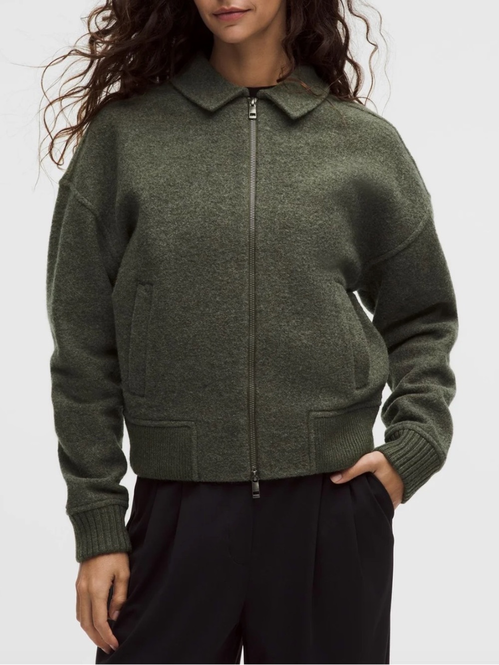 Lululemon Wool Blend Collared Bomber Jacket, NWT, SZ S, in Heathered Olive Brown